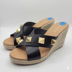 Maypol Anthropologie Black Leather Wedge Espadrille Sandals 7.5 NEW